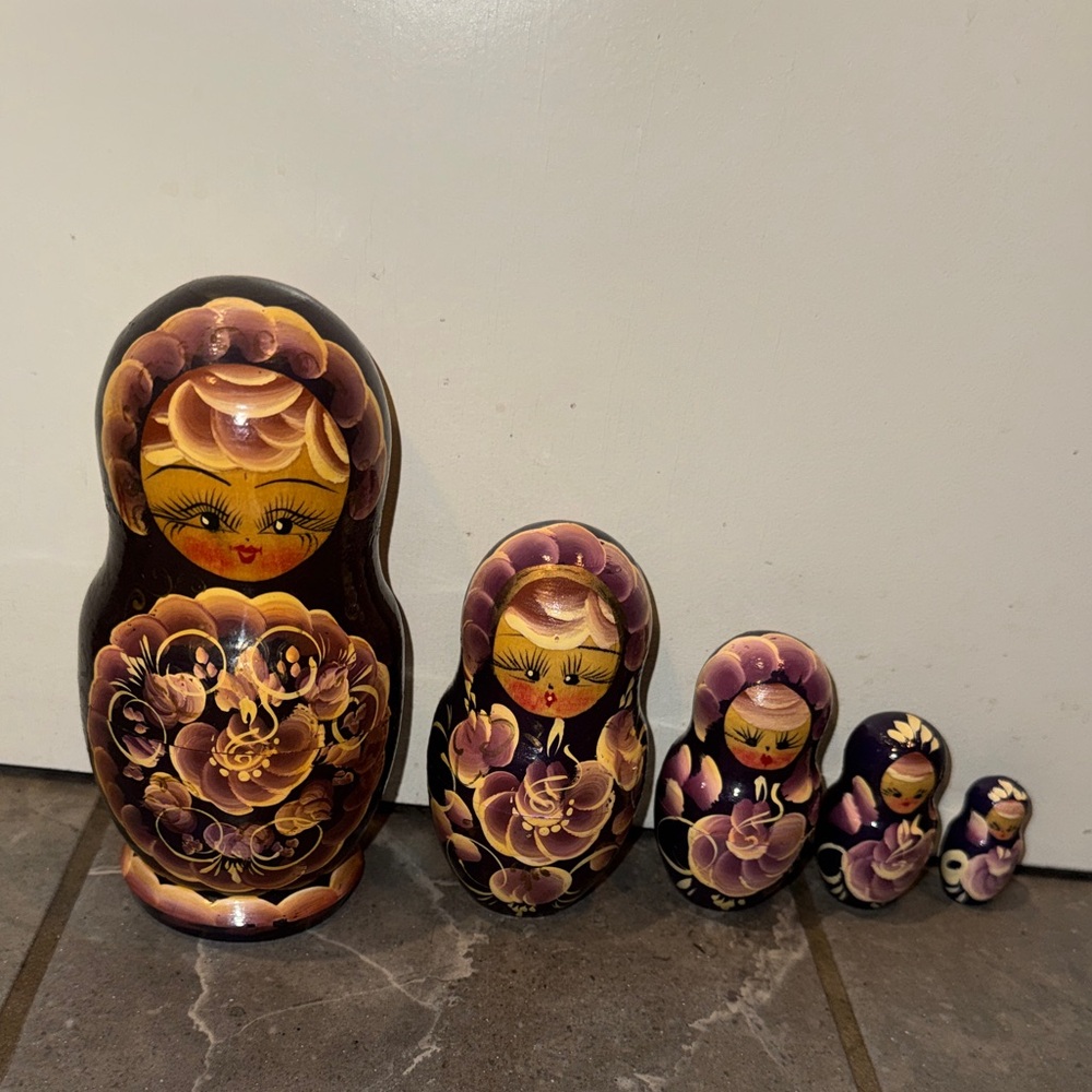 Hand-Painted Black and Gold Floral Matryoshka Nesting Dolls
